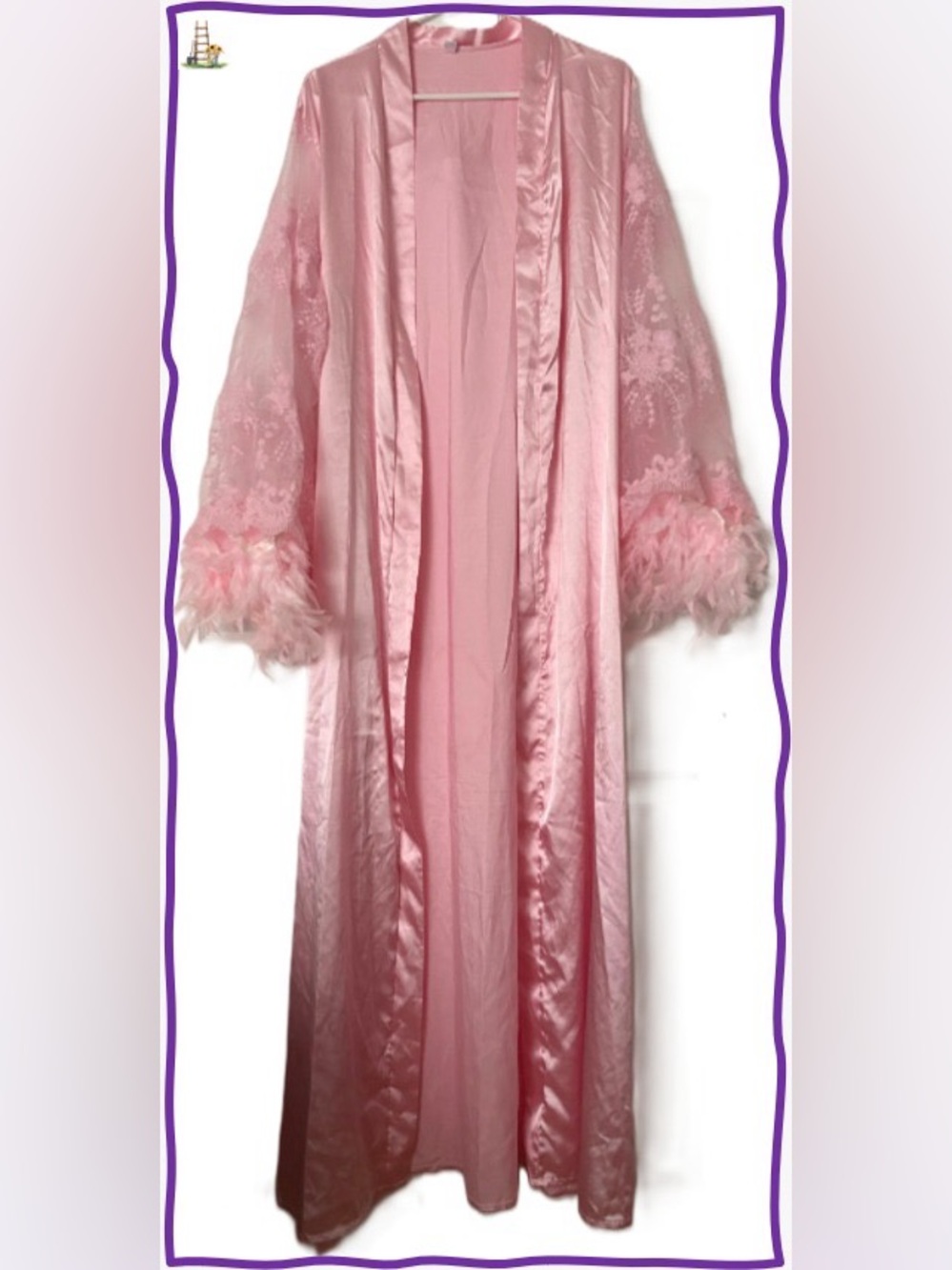 Pink Satin Feather-Trim Long Robe Jacket